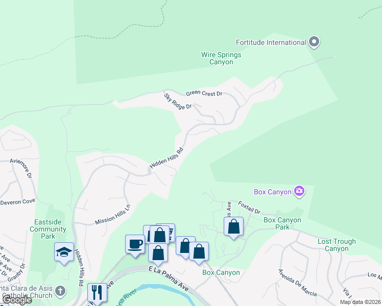 map of restaurants, bars, coffee shops, grocery stores, and more near 22650 Hidden Hills Road in Yorba Linda