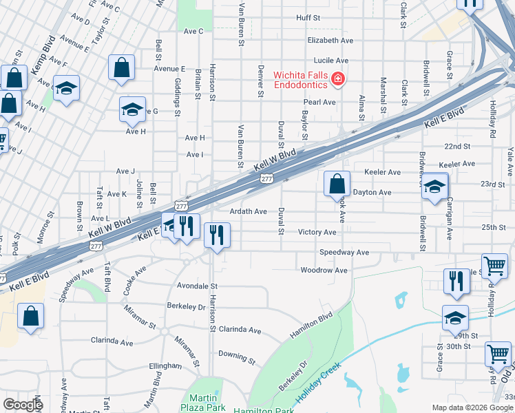 map of restaurants, bars, coffee shops, grocery stores, and more near 1916 Ardath Avenue in Wichita Falls