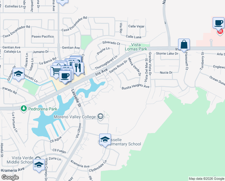 map of restaurants, bars, coffee shops, grocery stores, and more near 15775 Avenida De Circo in Moreno Valley