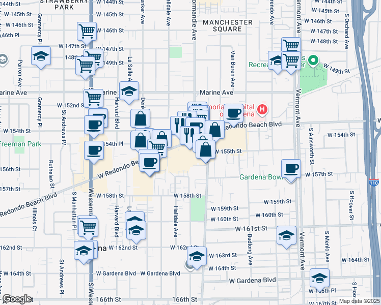 map of restaurants, bars, coffee shops, grocery stores, and more near 1420 West Redondo Beach Boulevard in Gardena