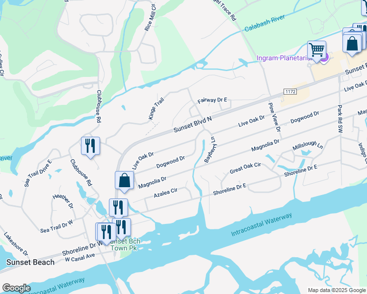 map of restaurants, bars, coffee shops, grocery stores, and more near 306 Live Oak Drive in Sunset Beach