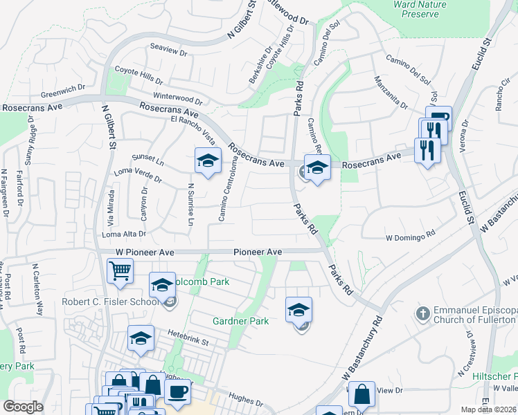 map of restaurants, bars, coffee shops, grocery stores, and more near 1856 West Conejo Lane in Fullerton