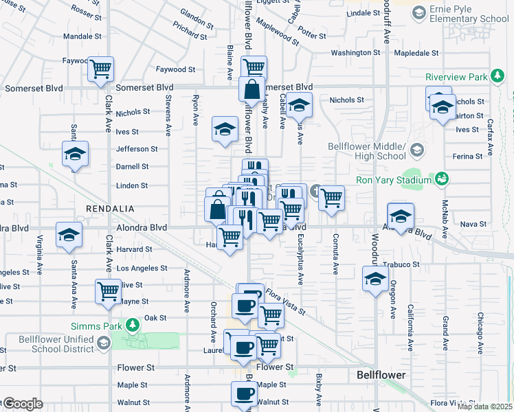 map of restaurants, bars, coffee shops, grocery stores, and more near 15720 Bellflower Boulevard in Bellflower
