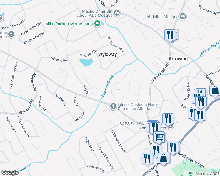 map of restaurants, bars, coffee shops, grocery stores, and more near 740 Walnut Creek Dr NW in Lilburn