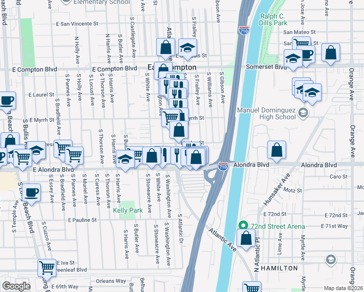 map of restaurants, bars, coffee shops, grocery stores, and more near 4508 Linsley Street in East Compton