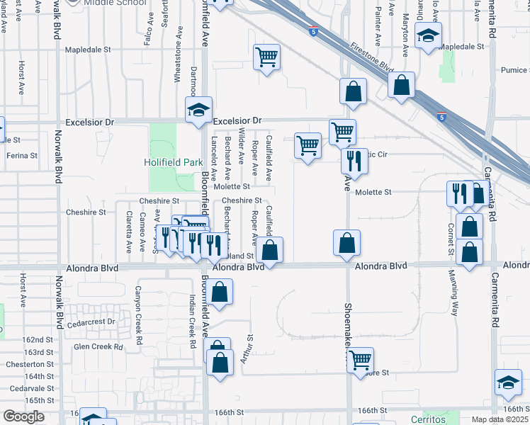 map of restaurants, bars, coffee shops, grocery stores, and more near 15503 Caulfield Avenue in Norwalk