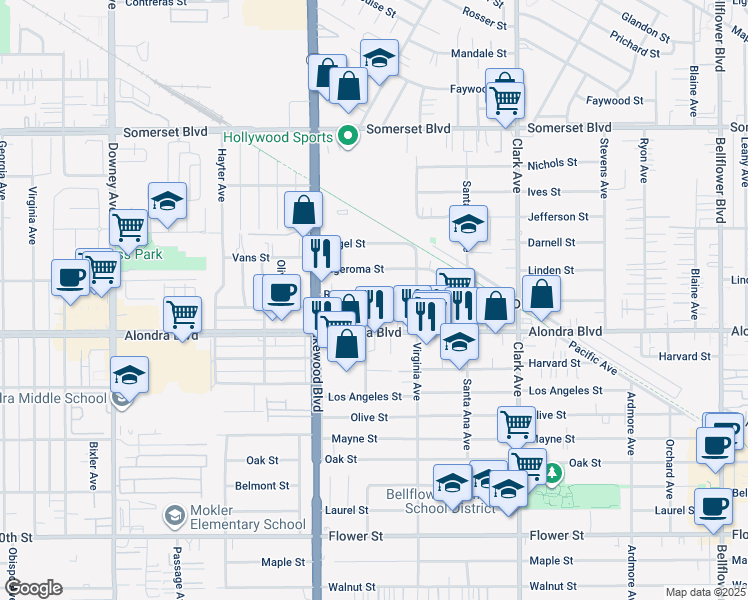 map of restaurants, bars, coffee shops, grocery stores, and more near 9108 Rendalia Street in Bellflower