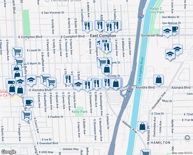 map of restaurants, bars, coffee shops, grocery stores, and more near 4312 Linsley Street in Compton