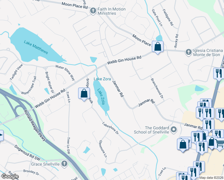map of restaurants, bars, coffee shops, grocery stores, and more near 1289 Janmar Road in Snellville