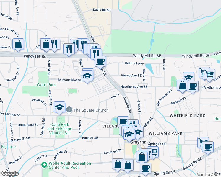 map of restaurants, bars, coffee shops, grocery stores, and more near 569 Mirrormont Drive in Smyrna