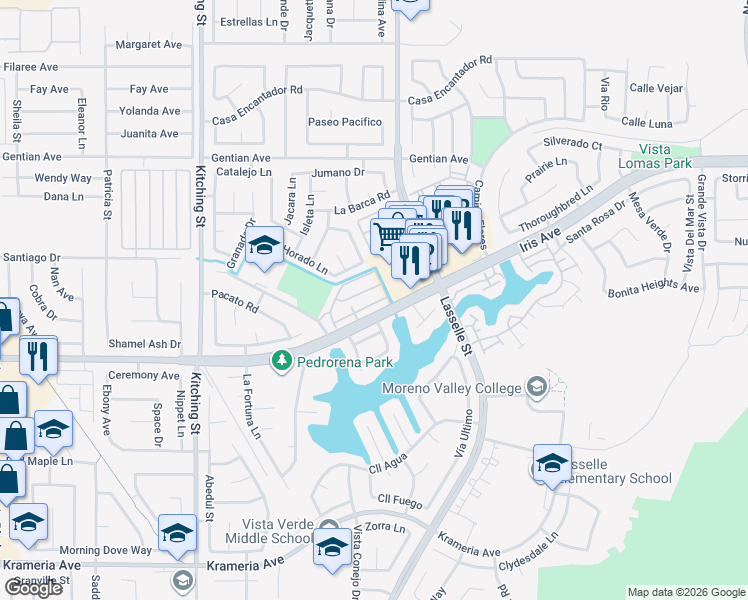 map of restaurants, bars, coffee shops, grocery stores, and more near 25820 Iris Avenue in Moreno Valley