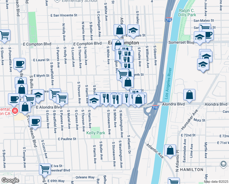 map of restaurants, bars, coffee shops, grocery stores, and more near 4312 Linsley Street in Compton