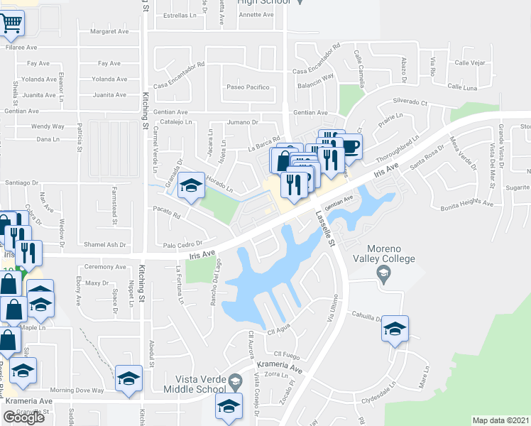 map of restaurants, bars, coffee shops, grocery stores, and more near 25822 Iris Avenue in Moreno Valley