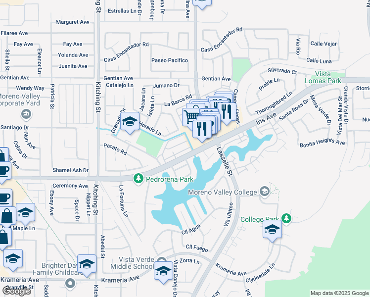 map of restaurants, bars, coffee shops, grocery stores, and more near 25820 Iris Avenue in Moreno Valley