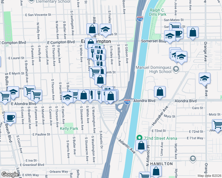 map of restaurants, bars, coffee shops, grocery stores, and more near 4618 Linsley Street in Compton