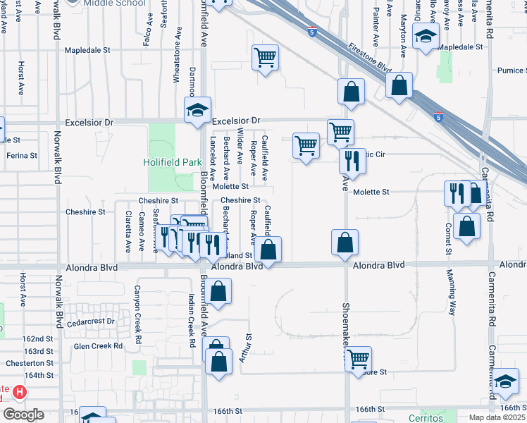 map of restaurants, bars, coffee shops, grocery stores, and more near 15503 Caulfield Avenue in Norwalk