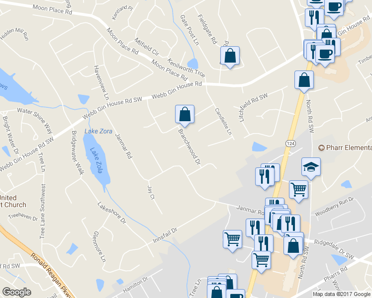 map of restaurants, bars, coffee shops, grocery stores, and more near 1379 Branchwood Drive in Snellville