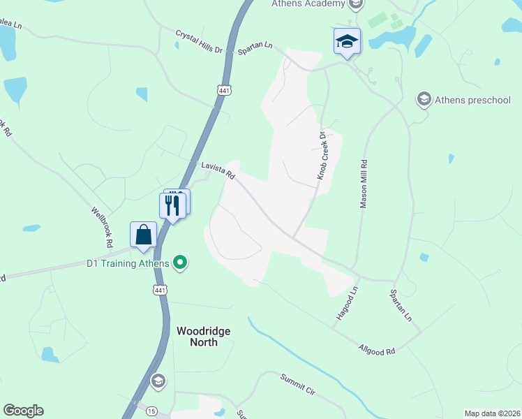 map of restaurants, bars, coffee shops, grocery stores, and more near 1151 Lavista Road in Athens