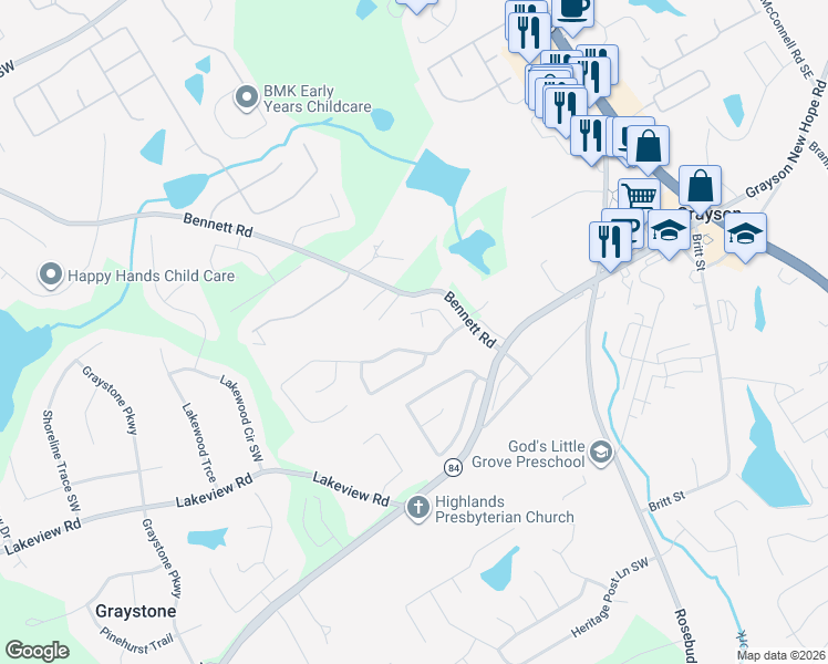 map of restaurants, bars, coffee shops, grocery stores, and more near 817 Keeling Mill Lane in Grayson