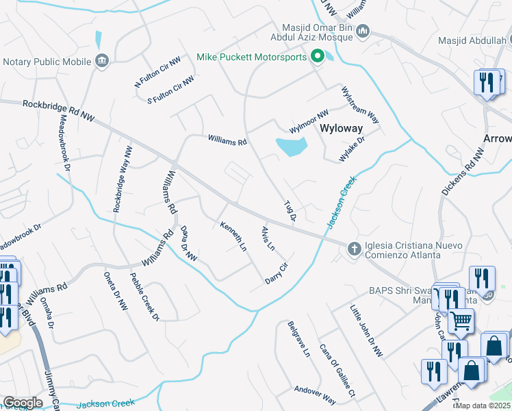 map of restaurants, bars, coffee shops, grocery stores, and more near 762 Rockbridge Road Northwest in Lilburn