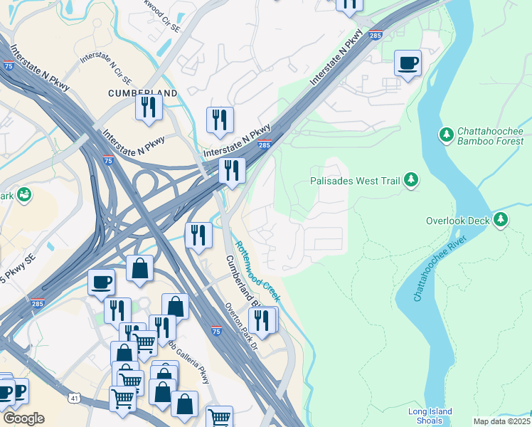 map of restaurants, bars, coffee shops, grocery stores, and more near 2550 Akers Mill Road Southeast in Atlanta