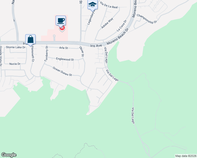 map of restaurants, bars, coffee shops, grocery stores, and more near 27693 El Cabrillo Court in Moreno Valley