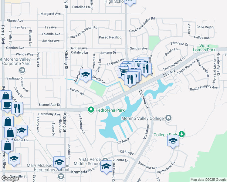 map of restaurants, bars, coffee shops, grocery stores, and more near 25870 Iris Avenue in Moreno Valley
