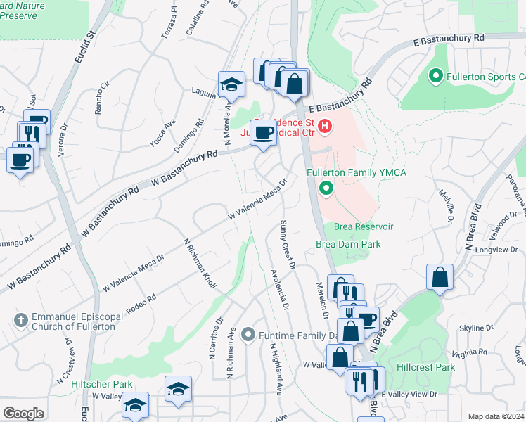 map of restaurants, bars, coffee shops, grocery stores, and more near 332 West Valencia Mesa Drive in Fullerton