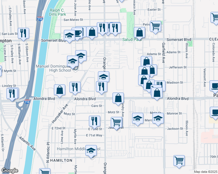 map of restaurants, bars, coffee shops, grocery stores, and more near 15556 Orange Avenue in Paramount