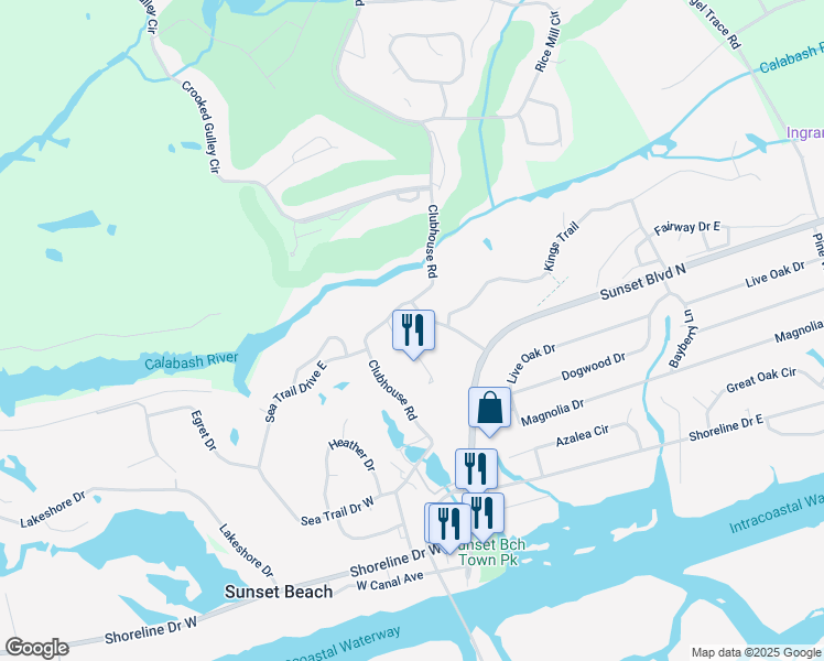 map of restaurants, bars, coffee shops, grocery stores, and more near 210 Clubhouse Road in Sunset Beach