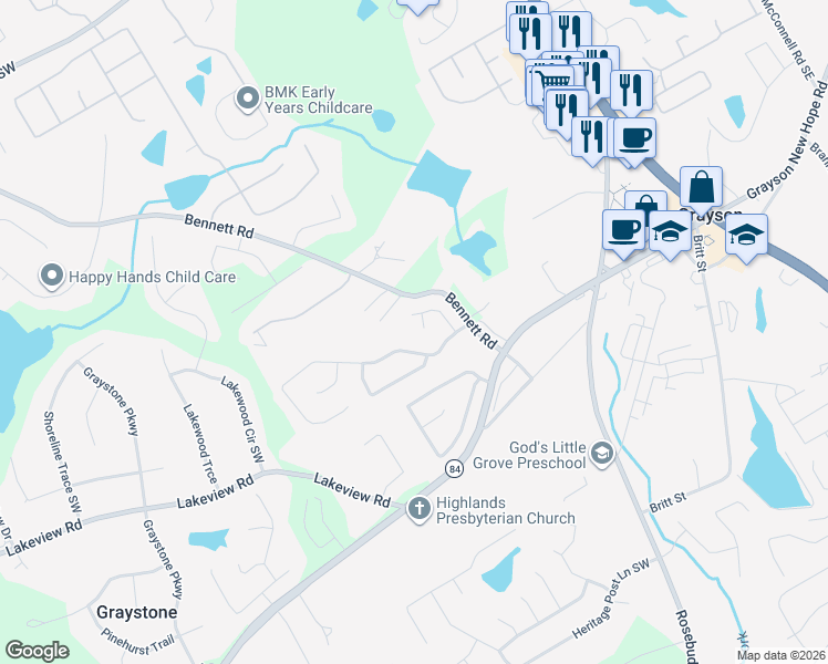 map of restaurants, bars, coffee shops, grocery stores, and more near 817 Keeling Mill Lane in Grayson