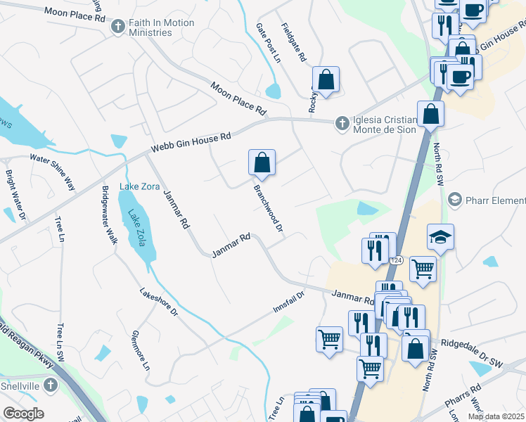 map of restaurants, bars, coffee shops, grocery stores, and more near 1379 Branchwood Drive in Snellville
