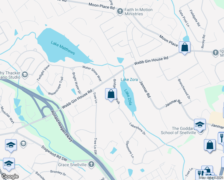 map of restaurants, bars, coffee shops, grocery stores, and more near 1211 Bridgewater Walk in Snellville