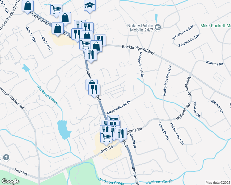 map of restaurants, bars, coffee shops, grocery stores, and more near 6118 Queen Anne Court in Norcross