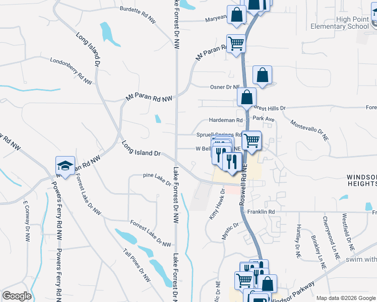 map of restaurants, bars, coffee shops, grocery stores, and more near 50 West Belle Isle Road Northeast in Atlanta