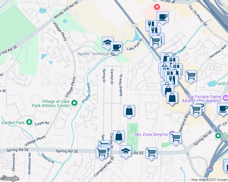 map of restaurants, bars, coffee shops, grocery stores, and more near 2545 Carolyn Drive in Smyrna