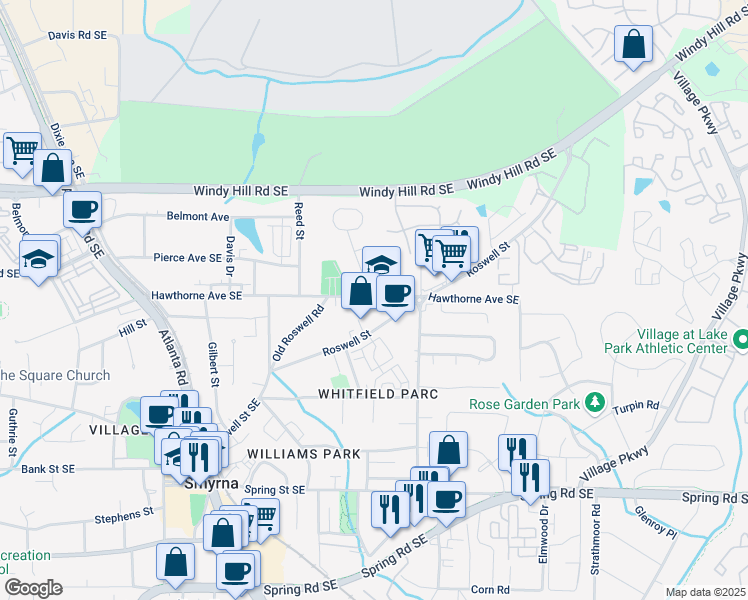 map of restaurants, bars, coffee shops, grocery stores, and more near 1576 Hawthorne Avenue Southeast in Smyrna
