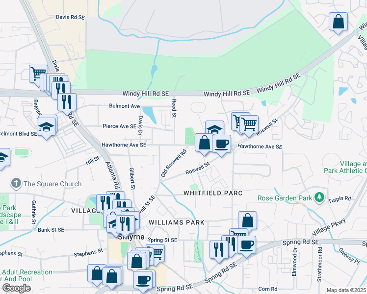map of restaurants, bars, coffee shops, grocery stores, and more near 1495 Hawthorne Avenue Southeast in Smyrna