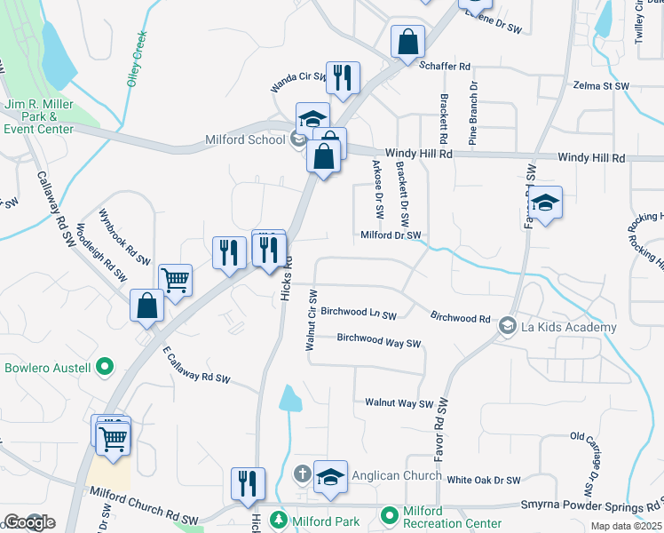 map of restaurants, bars, coffee shops, grocery stores, and more near 760 Walnut Circle Southwest in Marietta