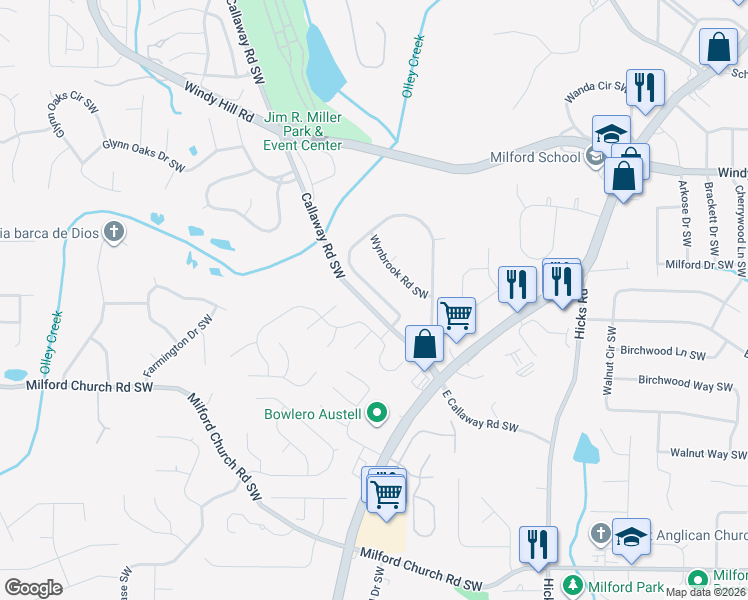 map of restaurants, bars, coffee shops, grocery stores, and more near 1274 Woodleigh Road Southwest in Marietta