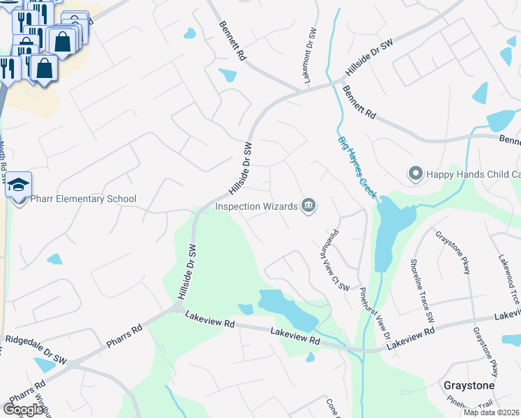 map of restaurants, bars, coffee shops, grocery stores, and more near 1267 Bradford Drive in Grayson