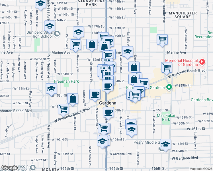 map of restaurants, bars, coffee shops, grocery stores, and more near 15435 South Western Avenue in Gardena