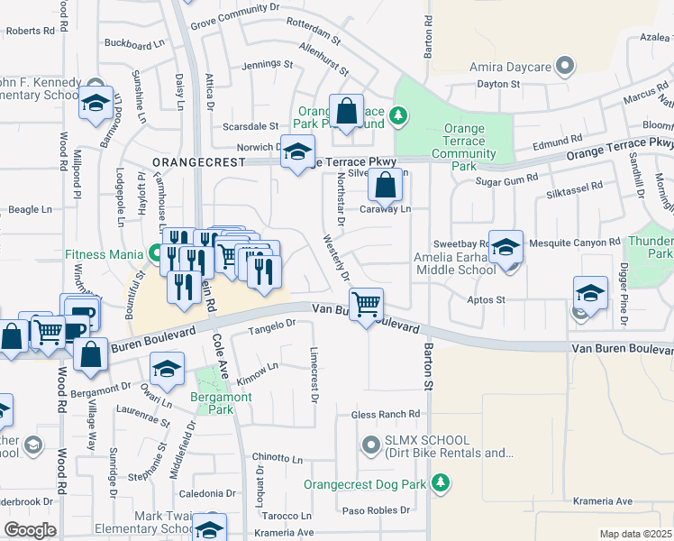 map of restaurants, bars, coffee shops, grocery stores, and more near 19841 Westerly Drive in Riverside