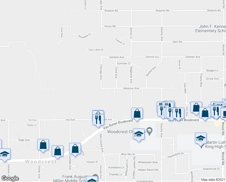 map of restaurants, bars, coffee shops, grocery stores, and more near 18103 Hibiscus Avenue in Riverside