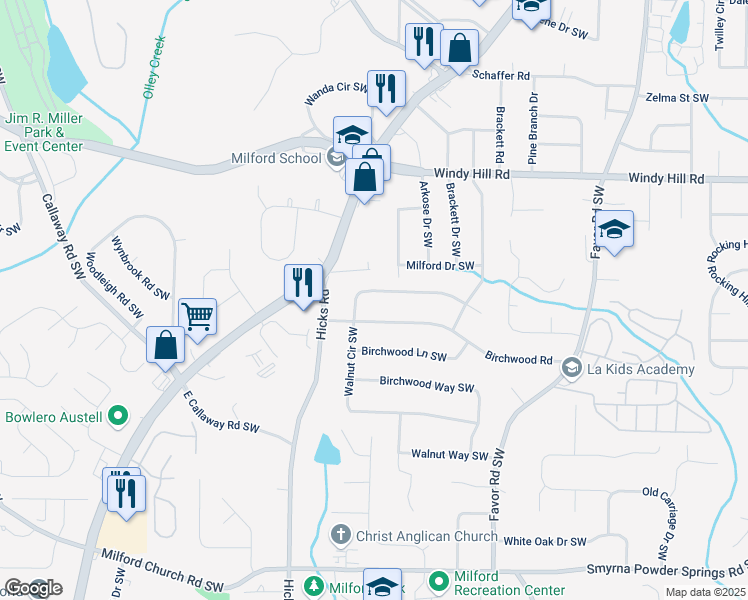 map of restaurants, bars, coffee shops, grocery stores, and more near 760 Walnut Circle Southwest in Marietta