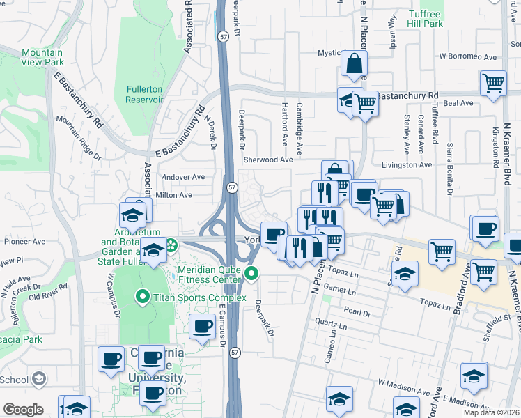 map of restaurants, bars, coffee shops, grocery stores, and more near 1942 North Deerpark Drive in Fullerton