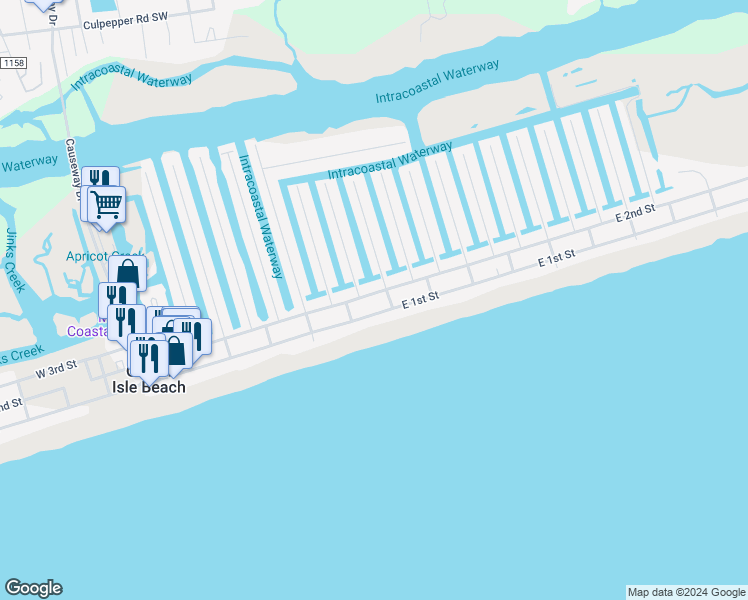 map of restaurants, bars, coffee shops, grocery stores, and more near 114 East 2nd Street in Ocean Isle Beach