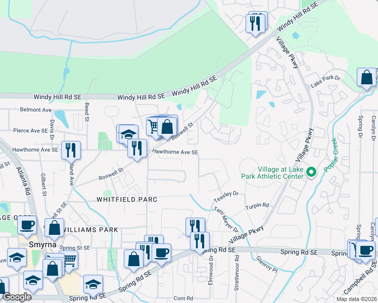 map of restaurants, bars, coffee shops, grocery stores, and more near 1775 Hawthorne Avenue Southeast in Smyrna