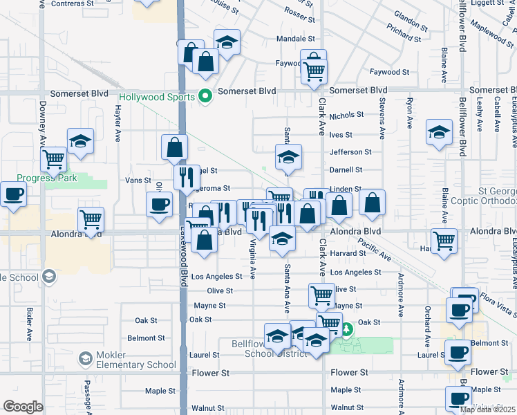 map of restaurants, bars, coffee shops, grocery stores, and more near 9159 Rendalia Street in Bellflower