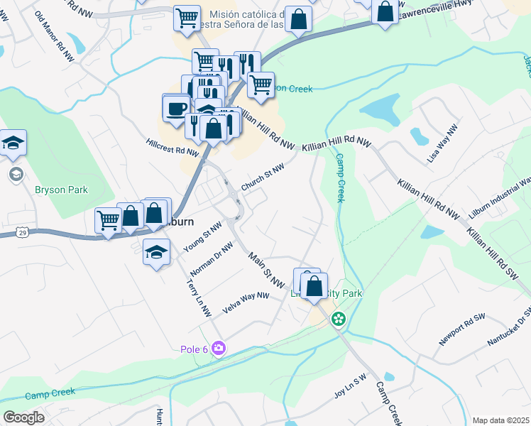 map of restaurants, bars, coffee shops, grocery stores, and more near 4807 Edith Place Northwest in Lilburn